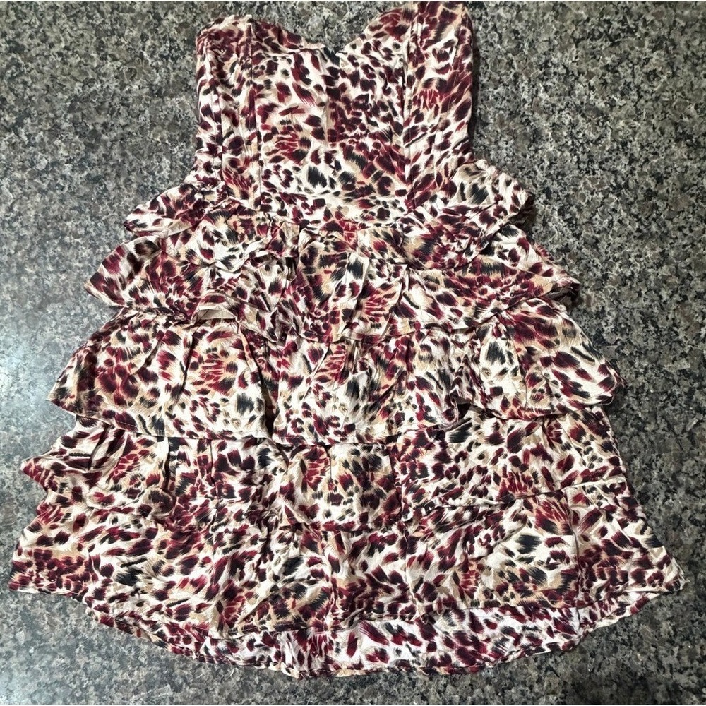 Papaya Strapless Mini Dress Red Leopard Print Smocked Tiered Ruffle SD5121 S NWT
